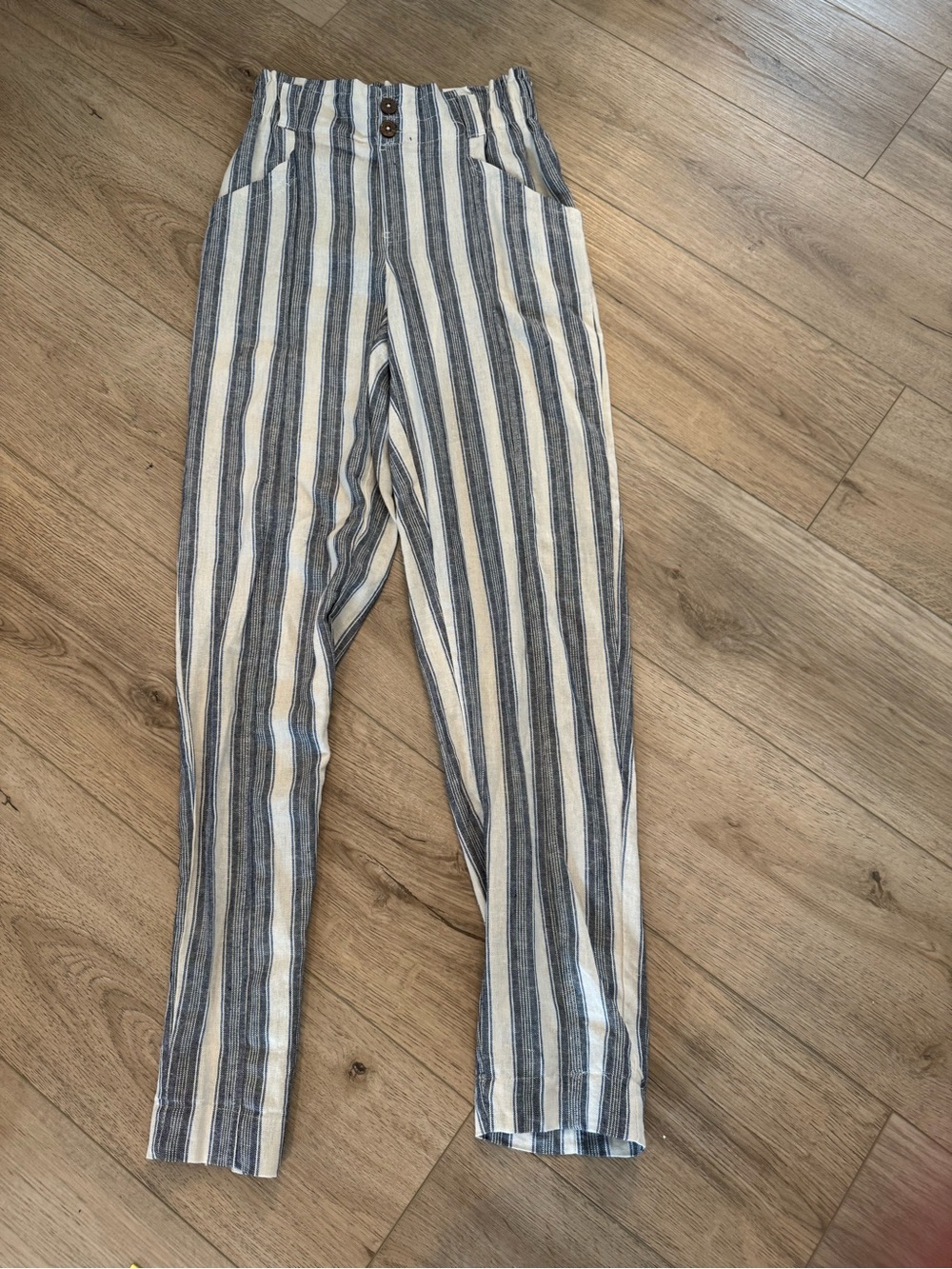 NWT SO Goods For Life Linen Pants Womens XS Blue Ivory Striped High Rise